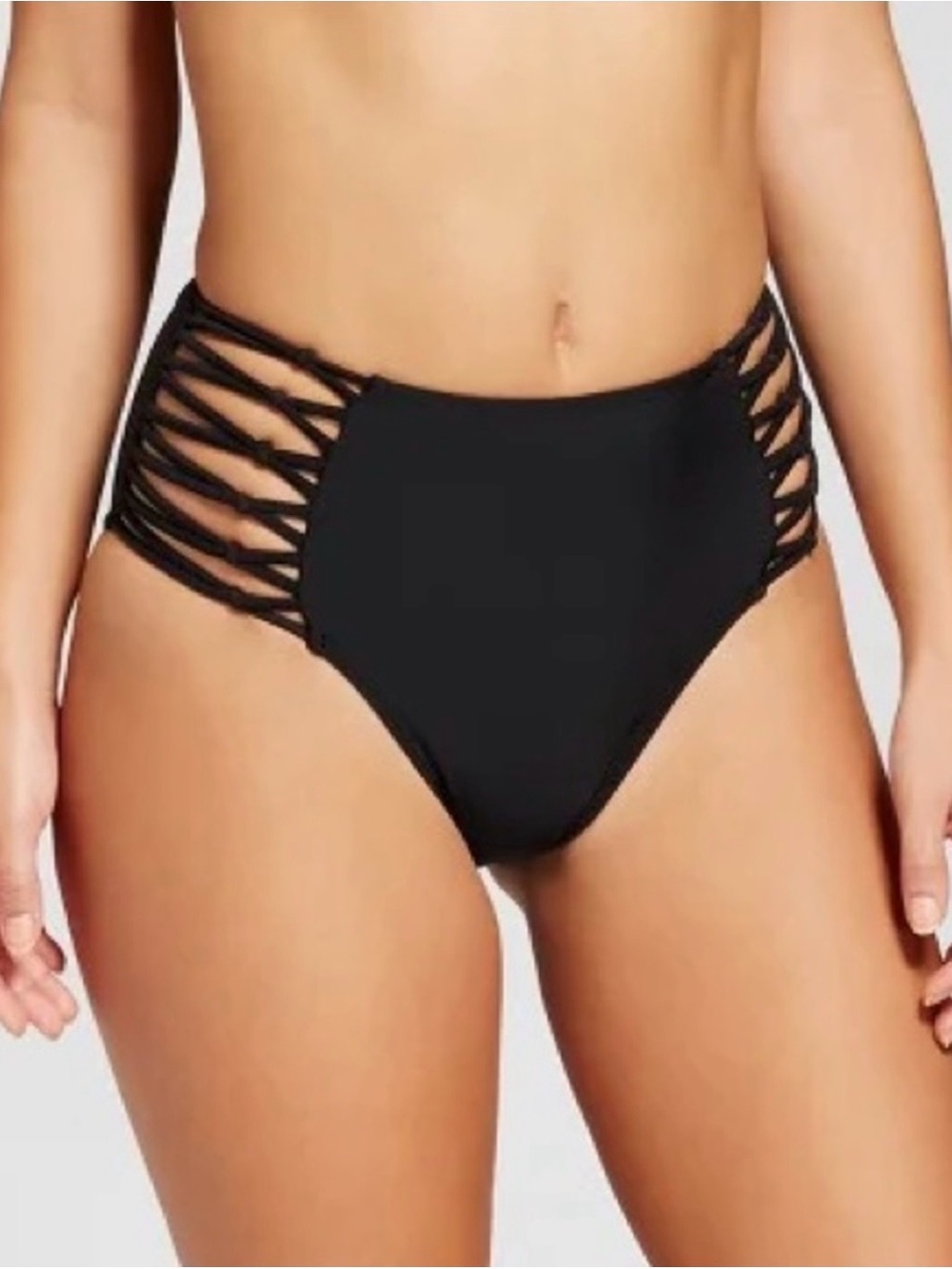 Women’s Strappy Side Knotted High Waist Cheeky Bikini Bottom- Black | L